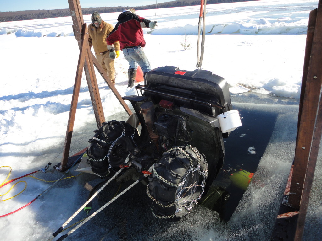 One of two ATVs recovered from Schoodic Lake. Both ATVs went through the ice and sunk to a depth of 145 feet.