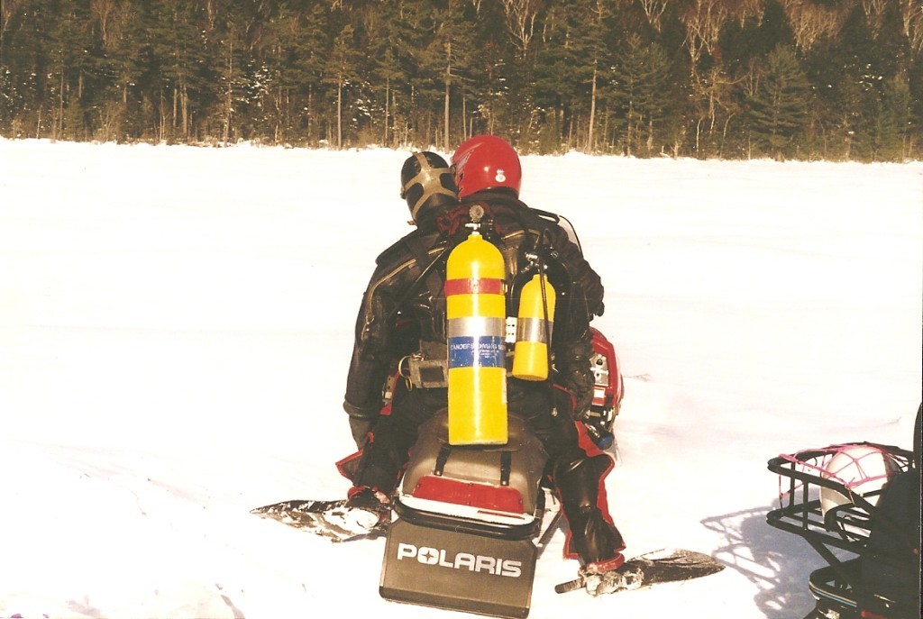 Tough dive conditions during recovery of a Piston Bully snow groomer, Pemadumcook Lake, Maine.